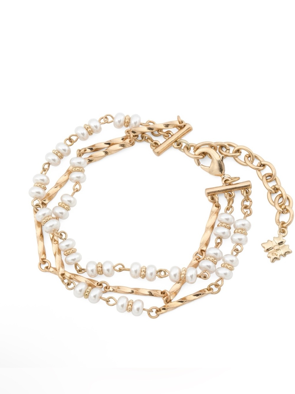 Patricia Nash 3 Strand Goldtone & FauxPearl Bracelet